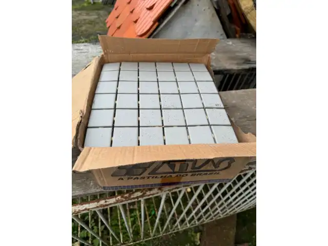 64 (sessenta e quatro) caixas de pastilhas, marca ATLAS, 5X5, com 2,44m² por caixa.